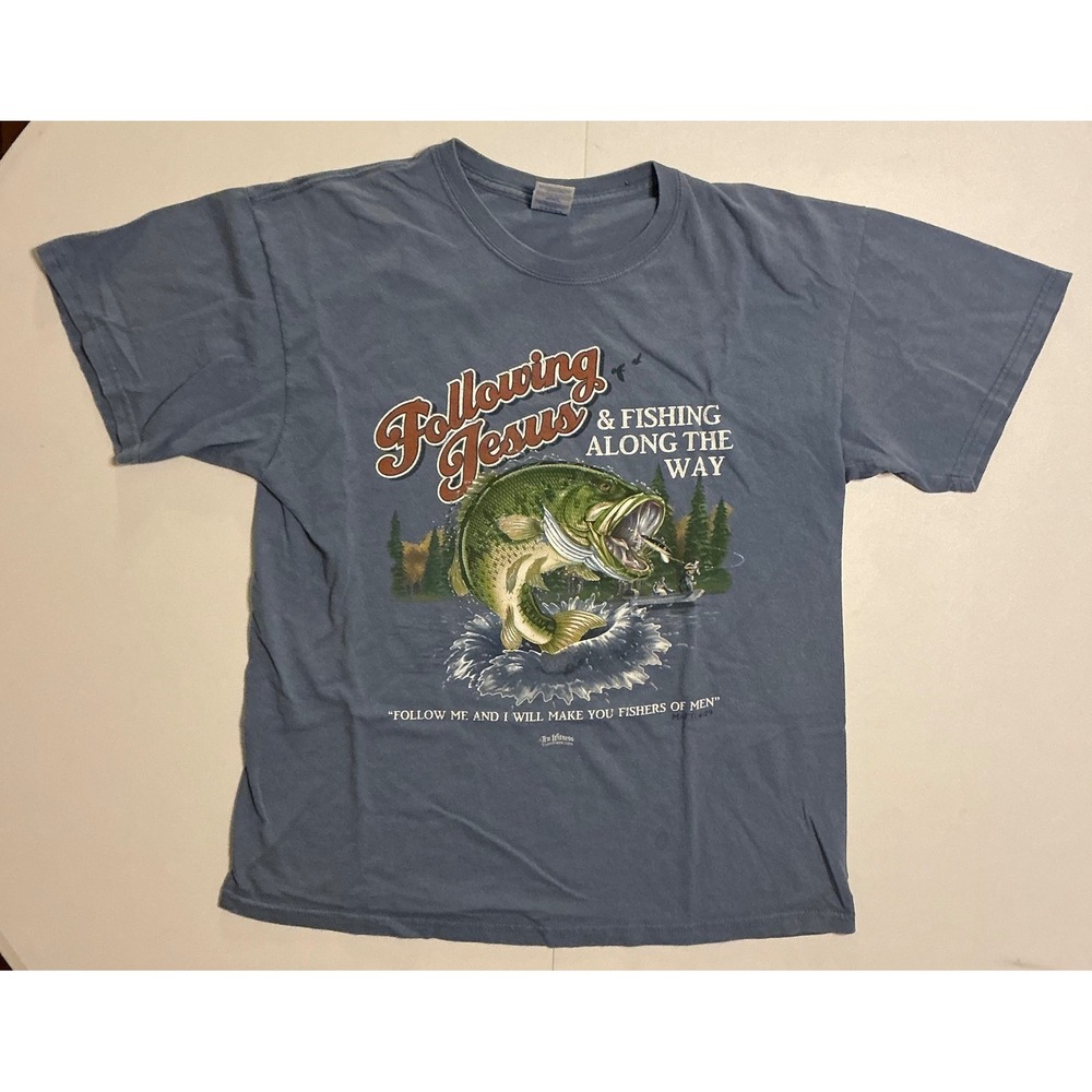 VTG Y2K Jesus Fishing‎ God Christian ReligiousT-Shirt Mens L Blue Bass Outdoors